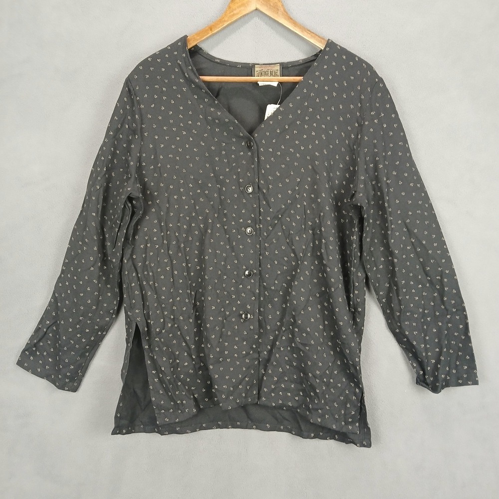 Vintage Blue Cardigan Sweater‎ Womens 8 Black Micro Floral